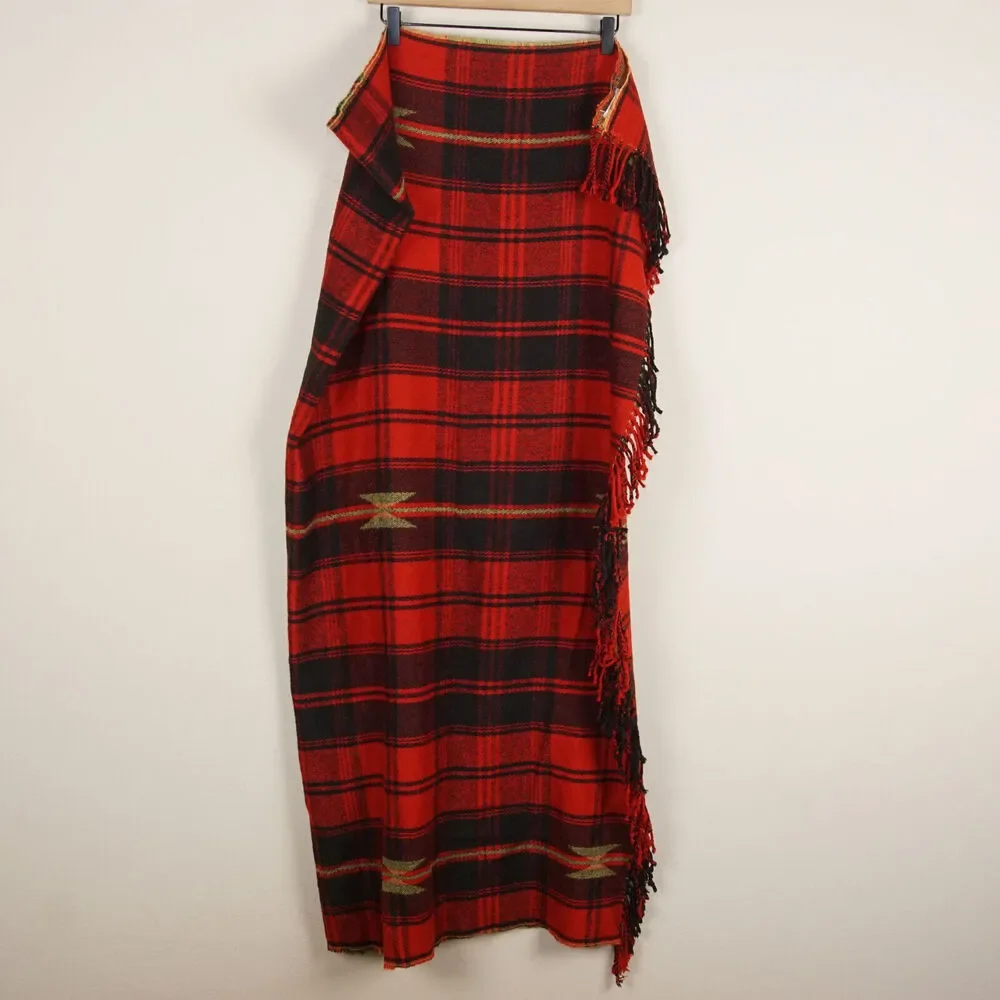 Pottery Barn 50 in x 50 in Red Black Tartan Plaid Fringe Throw Blanket